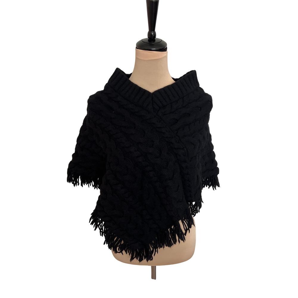 Banana Republic Black Cable Knit Fringe Poncho Lambswool Angora XS/S